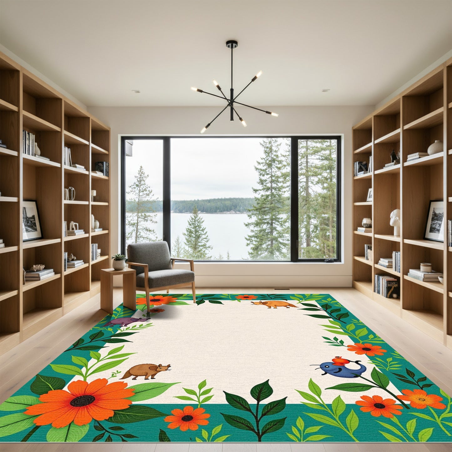 Whimsical Floral Animal Border Rug