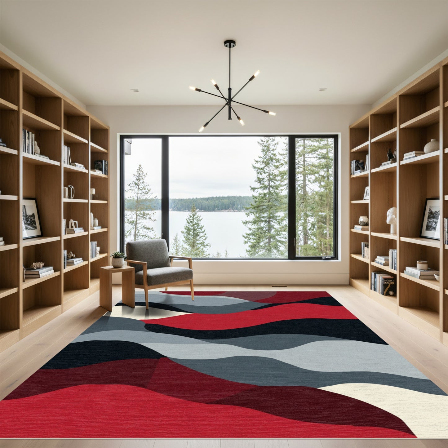 Crimson and Gray Abstract Wave Rug
