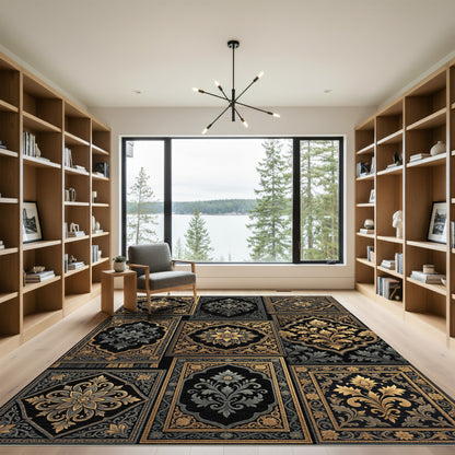 Gold and Gray Floral Medallion Panels Rug