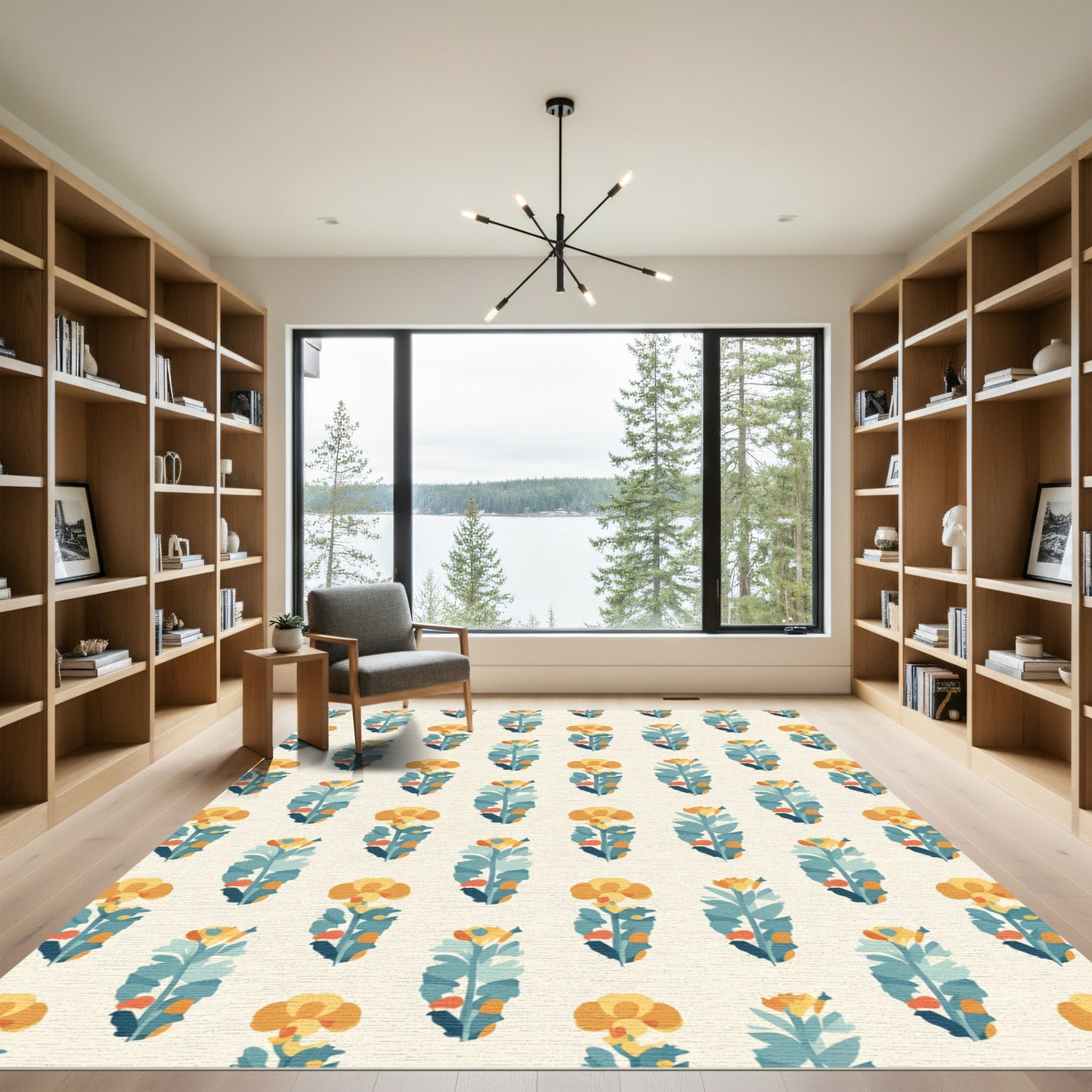 Golden Yellow Teal Budding Blossom Rug
