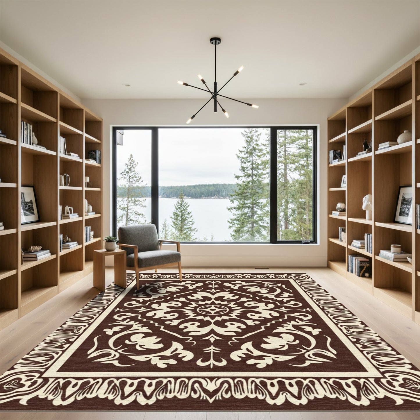 Brown Cream Floral Central Medallion Rug