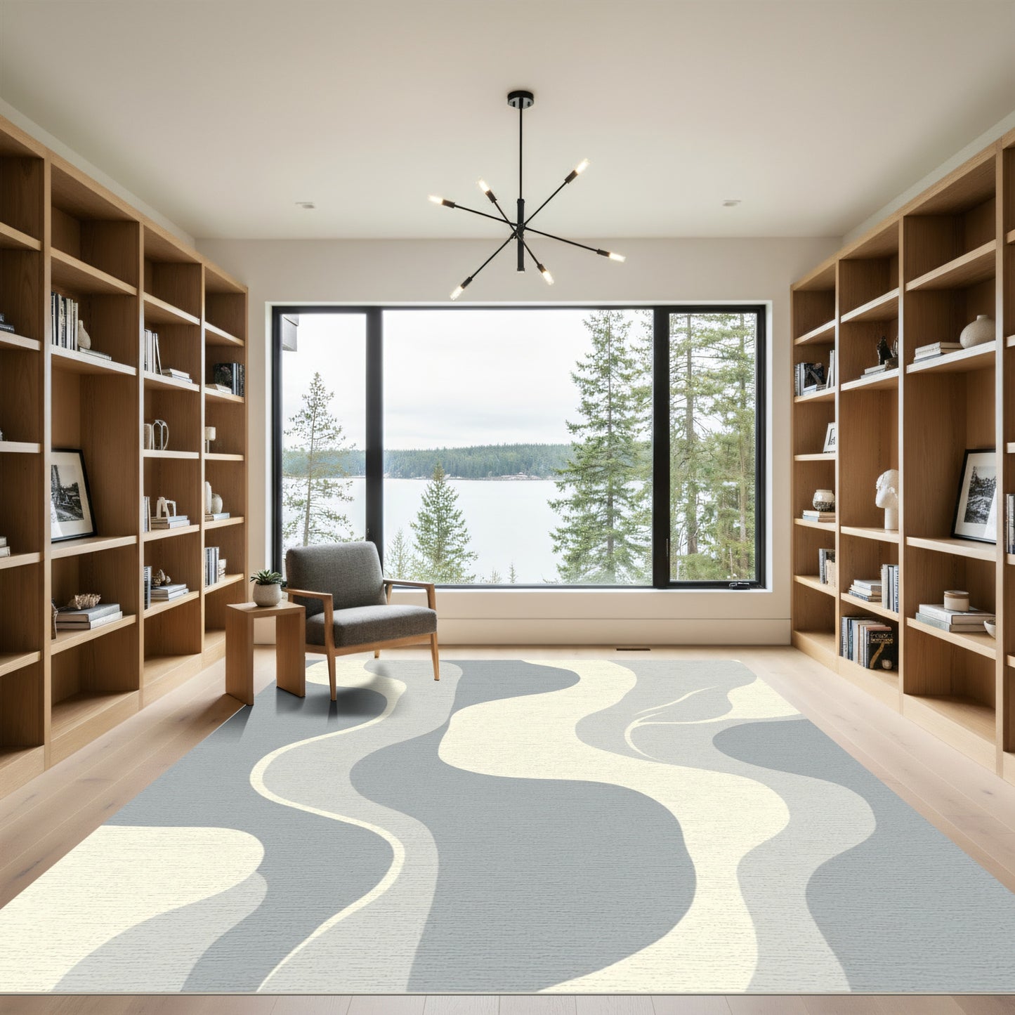 Cream Gray Abstract Flowing Waves Rug