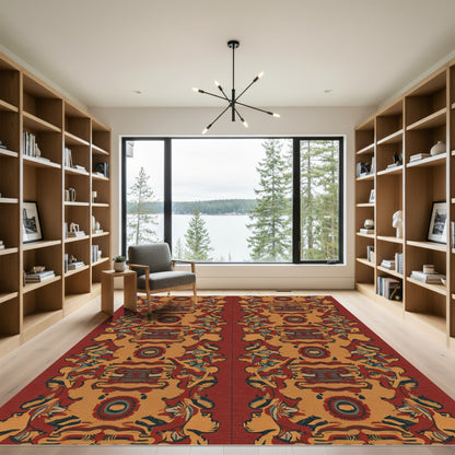 Red Ochre Abstract Tribal Border Rug