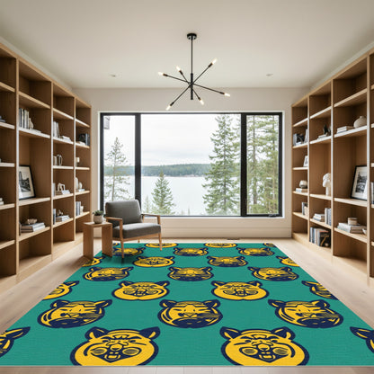 Bold Yellow Tiger Heads Teal Rug