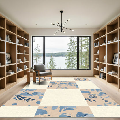 Beige Blue Abstract Face Tile Rug