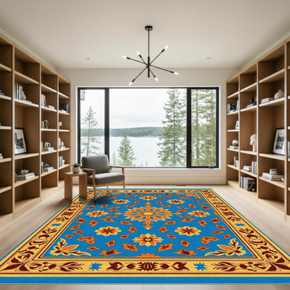 Golden Blue Floral Scatter Rug