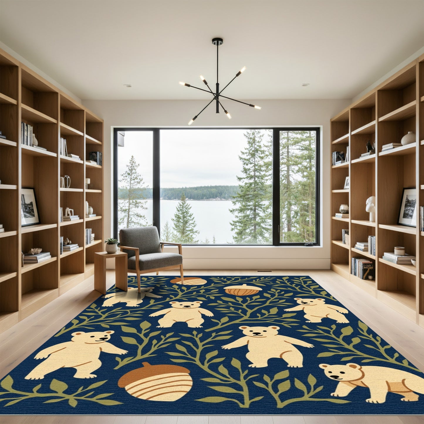 Cream Bears and Acorns Dark Blue Pattern Rug