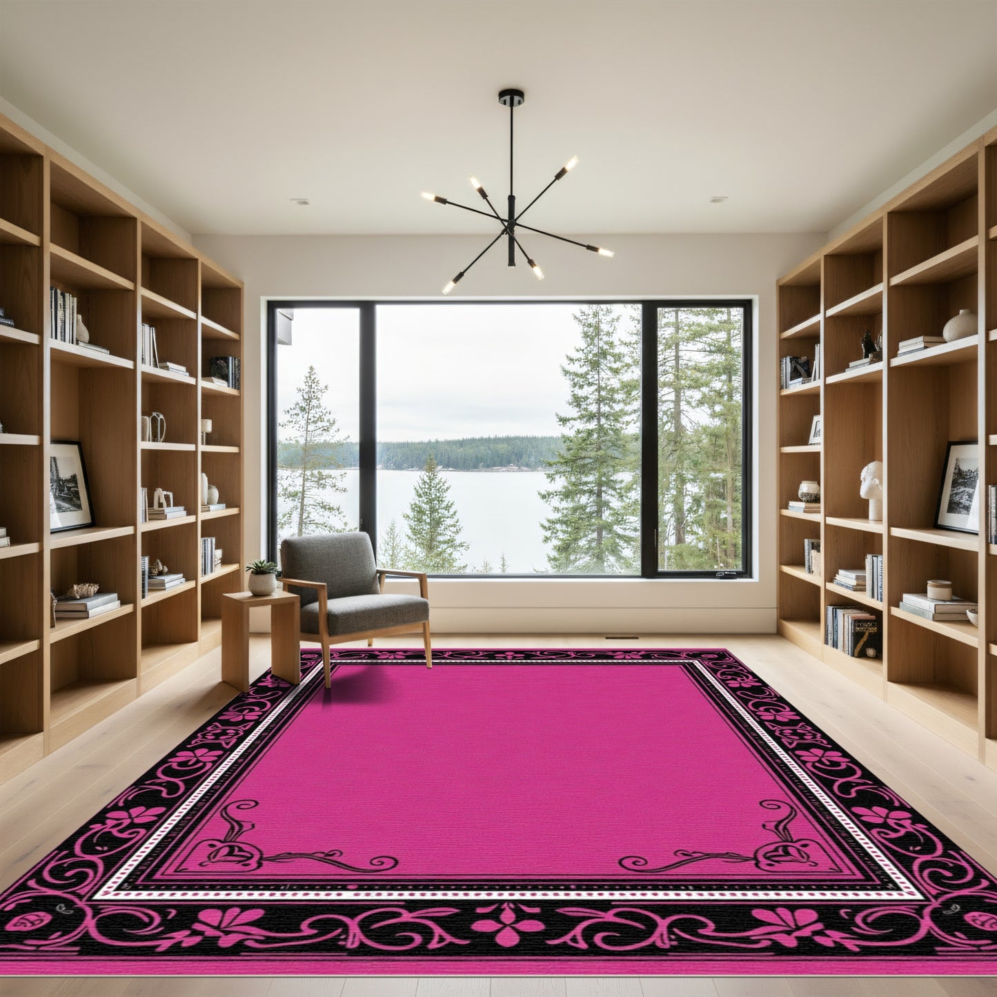 Vibrant Magenta Floral Scroll Frame Rug