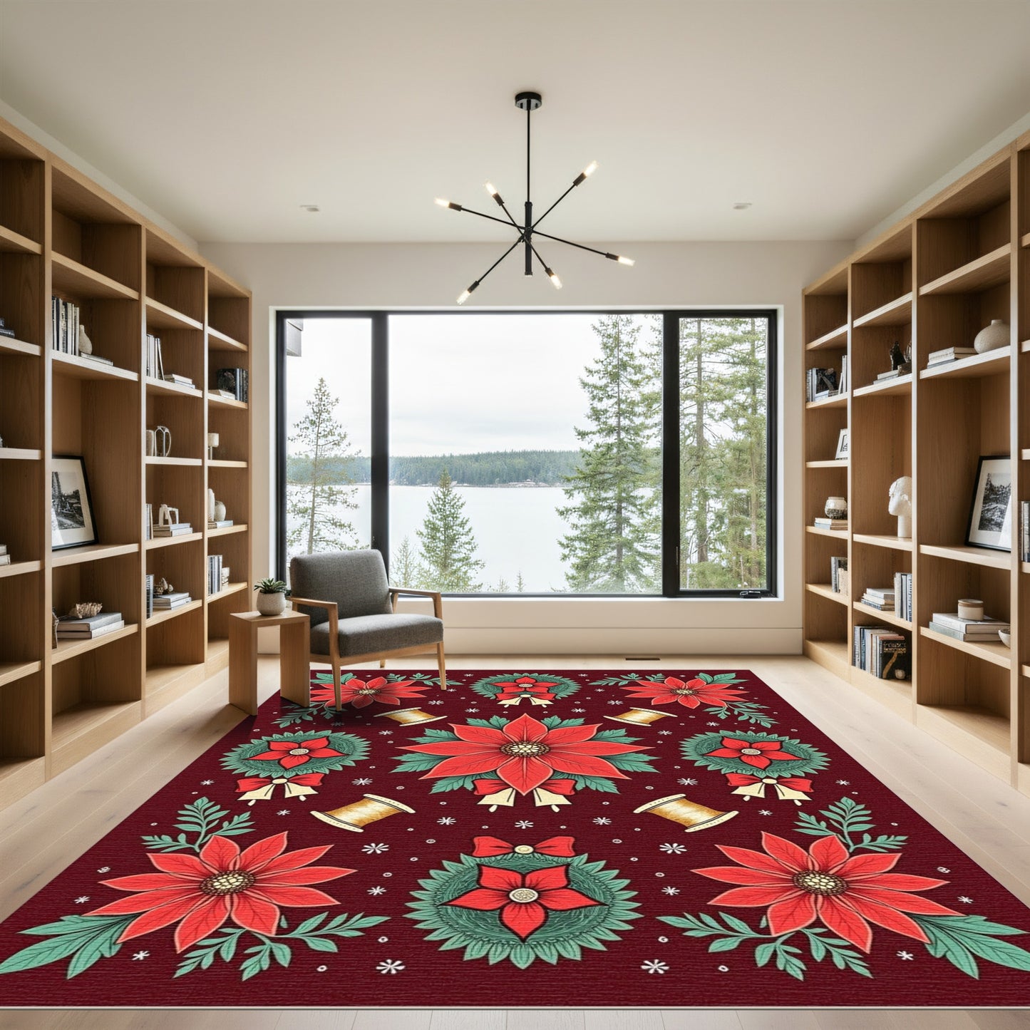 Crimson Poinsettia Bells Botanical Arrangement Rug