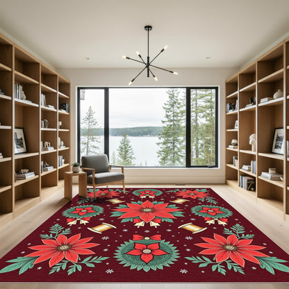Crimson Poinsettia Bells Botanical Arrangement Rug
