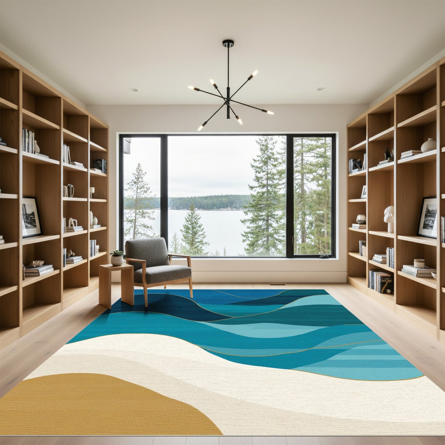 Coastal Abstract Wave Gold Line Rug