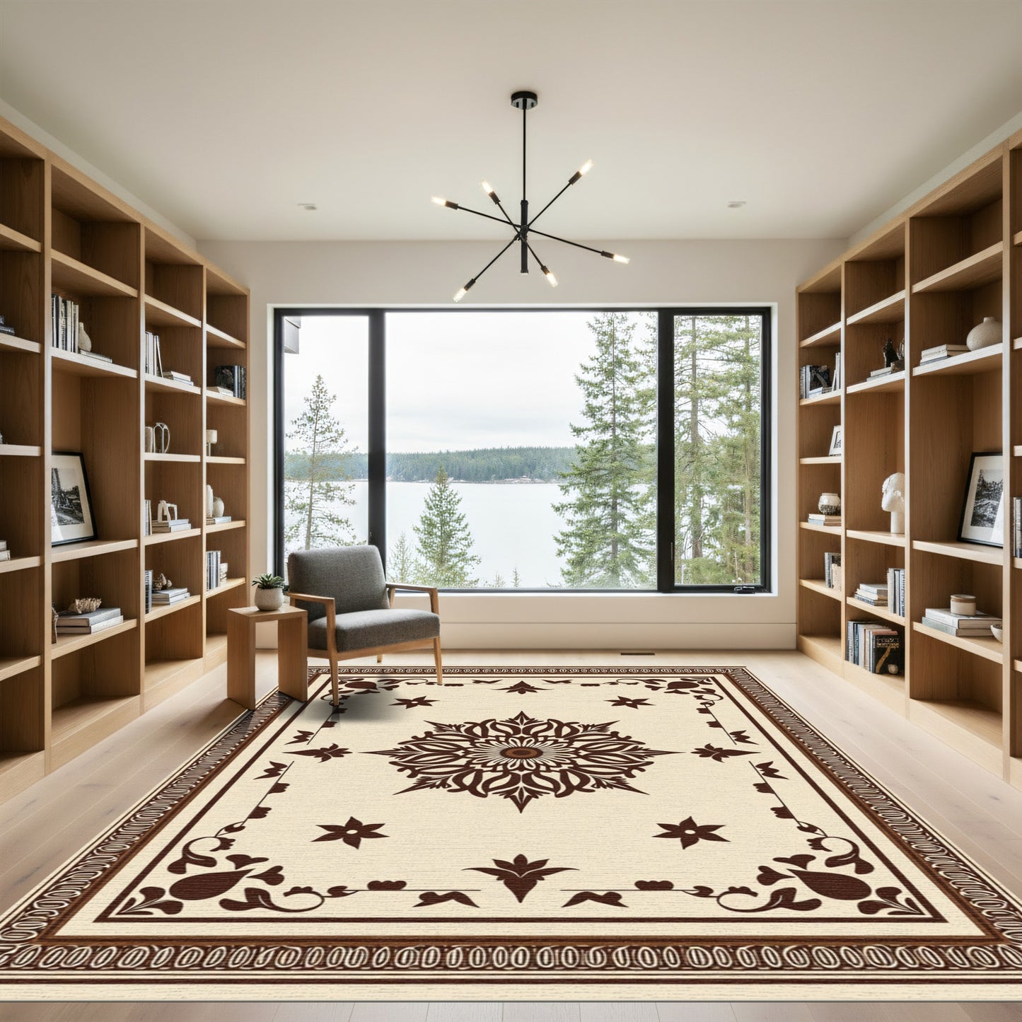 Cream Brown Ornamental Floral Medallion Rug