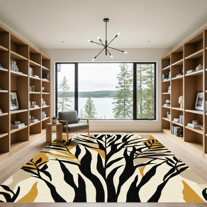 Abstract Black Gold Leaf Shapes Rug