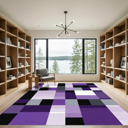 Geometric Purple and Gray Squares Rug