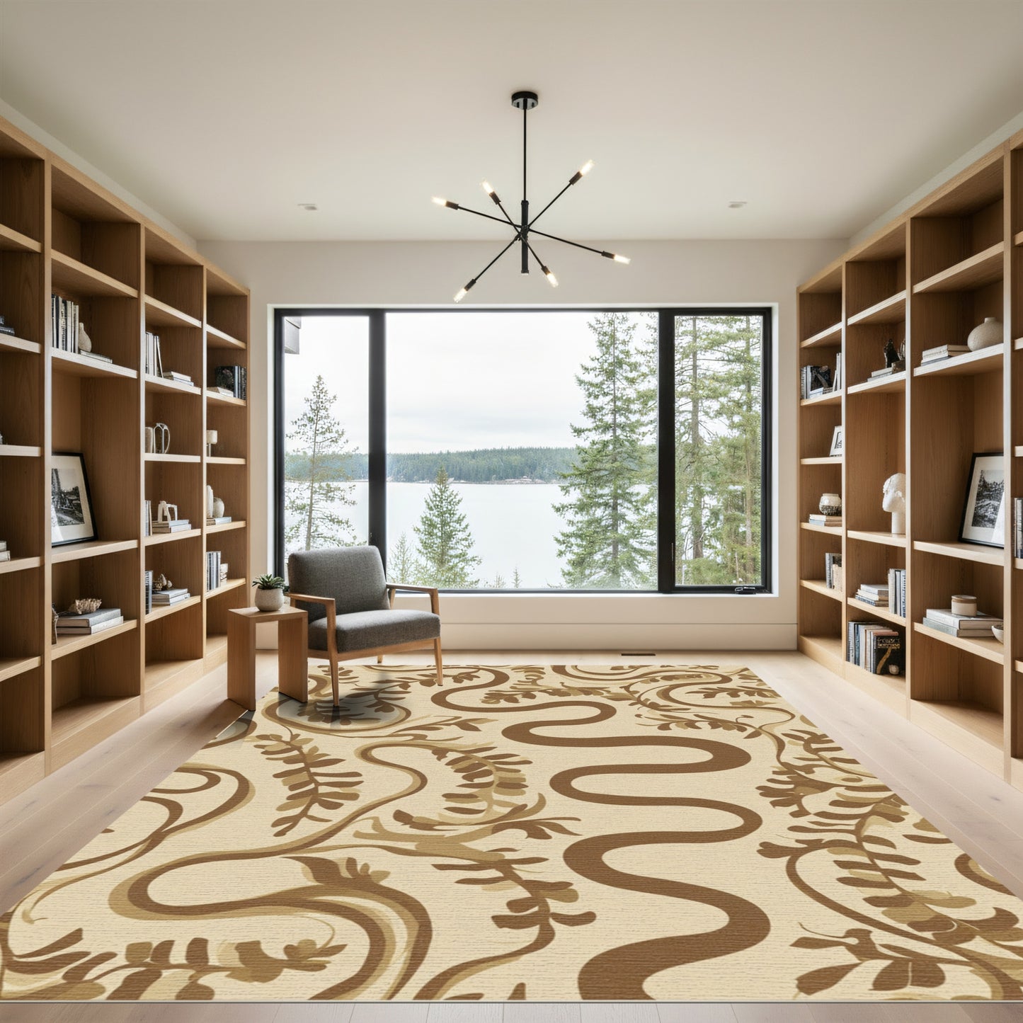 Brown Wavy Vine Leaf Pattern Rug