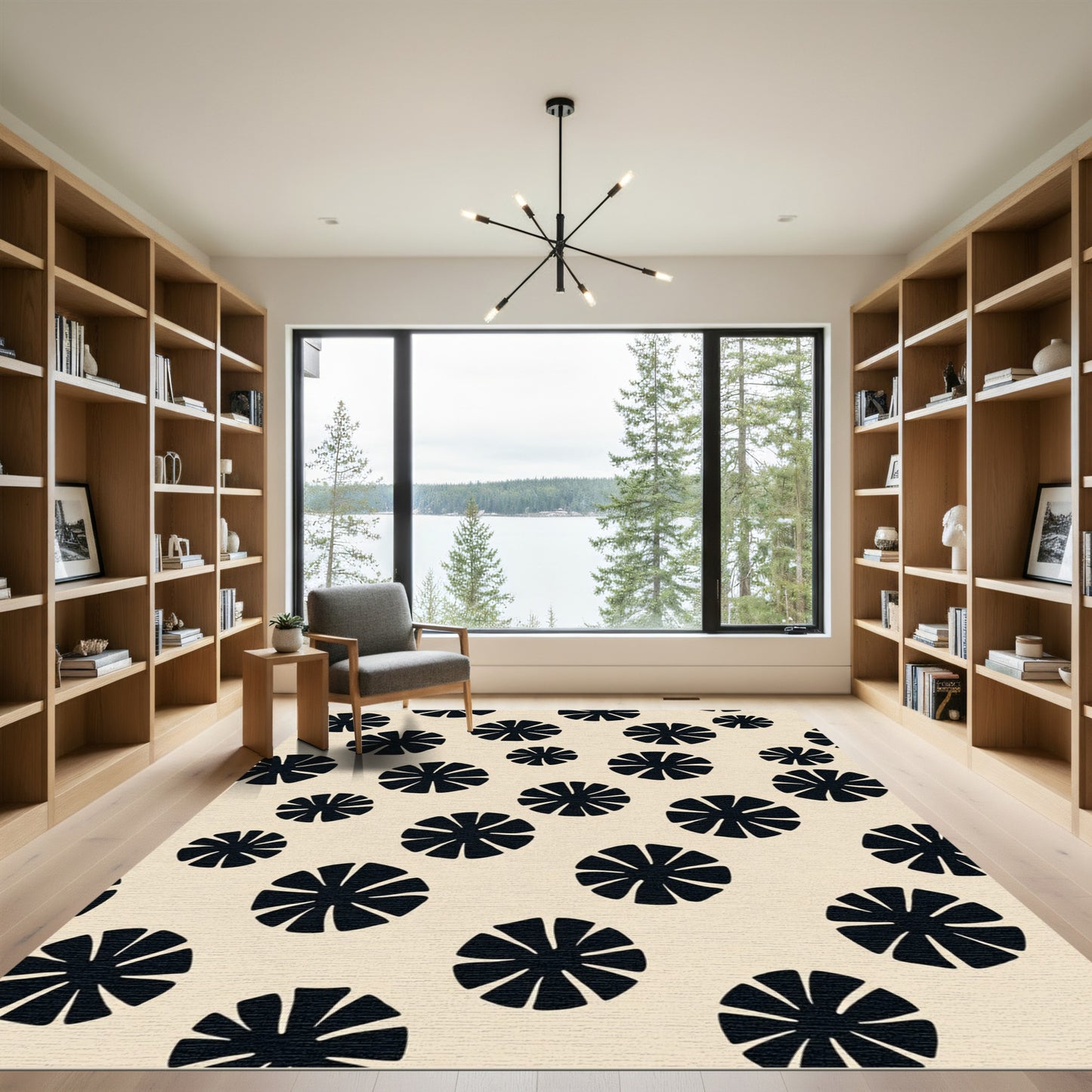 Black Flower Scatter Neutral Background Rug