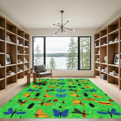 Green Garden Insect Butterfly Ladybug Motif Rug