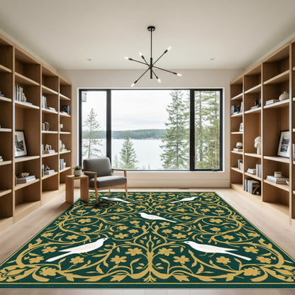 Emerald Green White Birds Floral Vine Rug