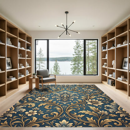 Rich Teal Golden Floral Damask Rug
