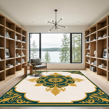Ornate Teal Gold Medallion Floral Rug