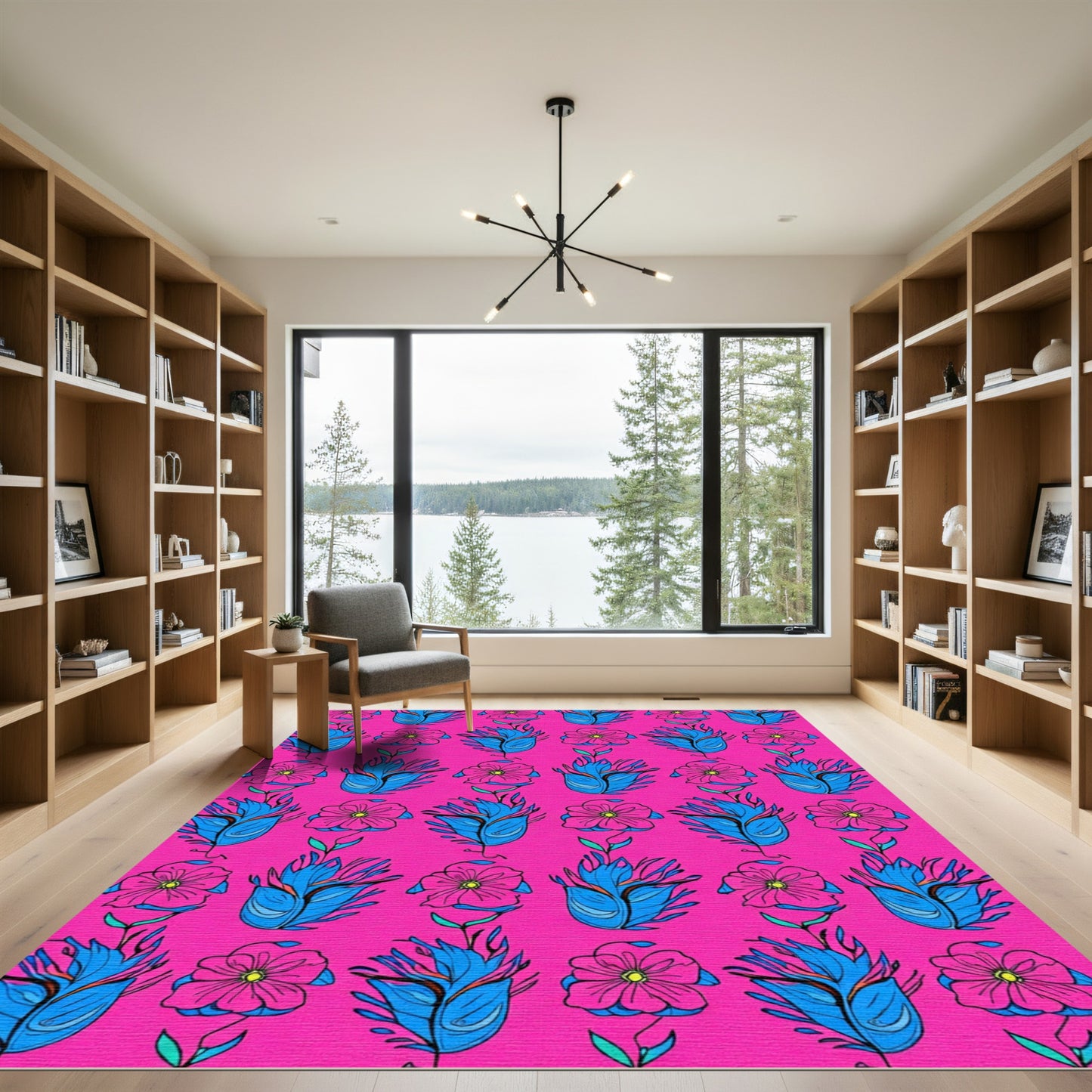 Hot Pink Blue Floral Arrangement Rug