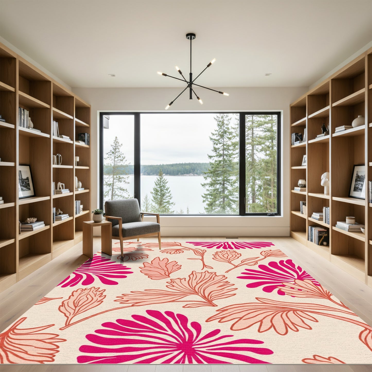 Vibrant Pink Coral Botanical Leaf Rug