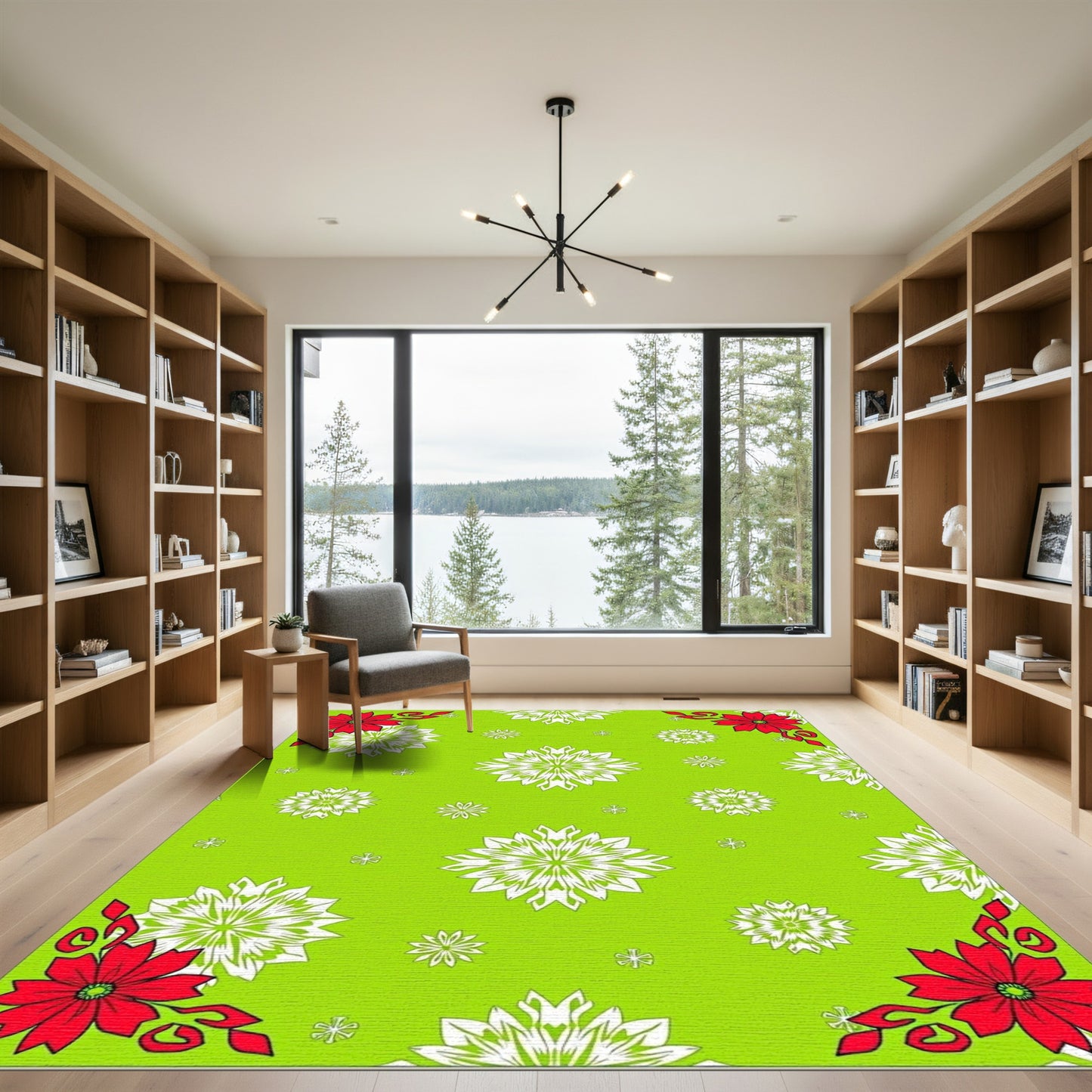 Bright Green Red White Floral Snowflakes Rug