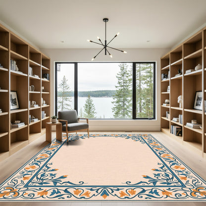 Elegant Floral Border Blue Orange Rug