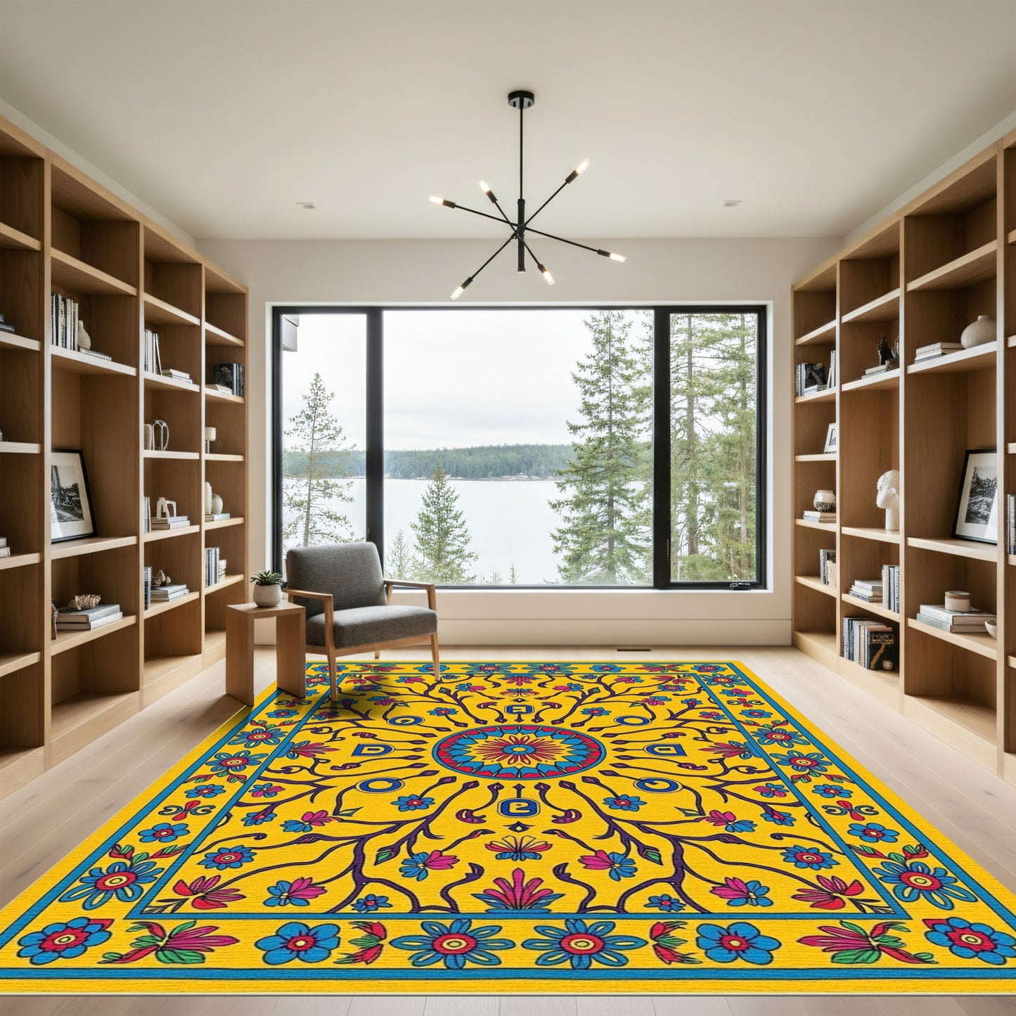 Vibrant Yellow Floral Medallion Art Rug