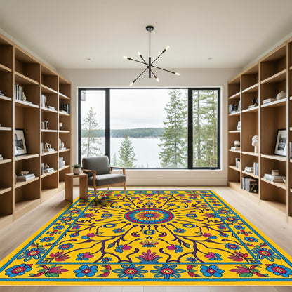 Vibrant Yellow Floral Medallion Art Rug