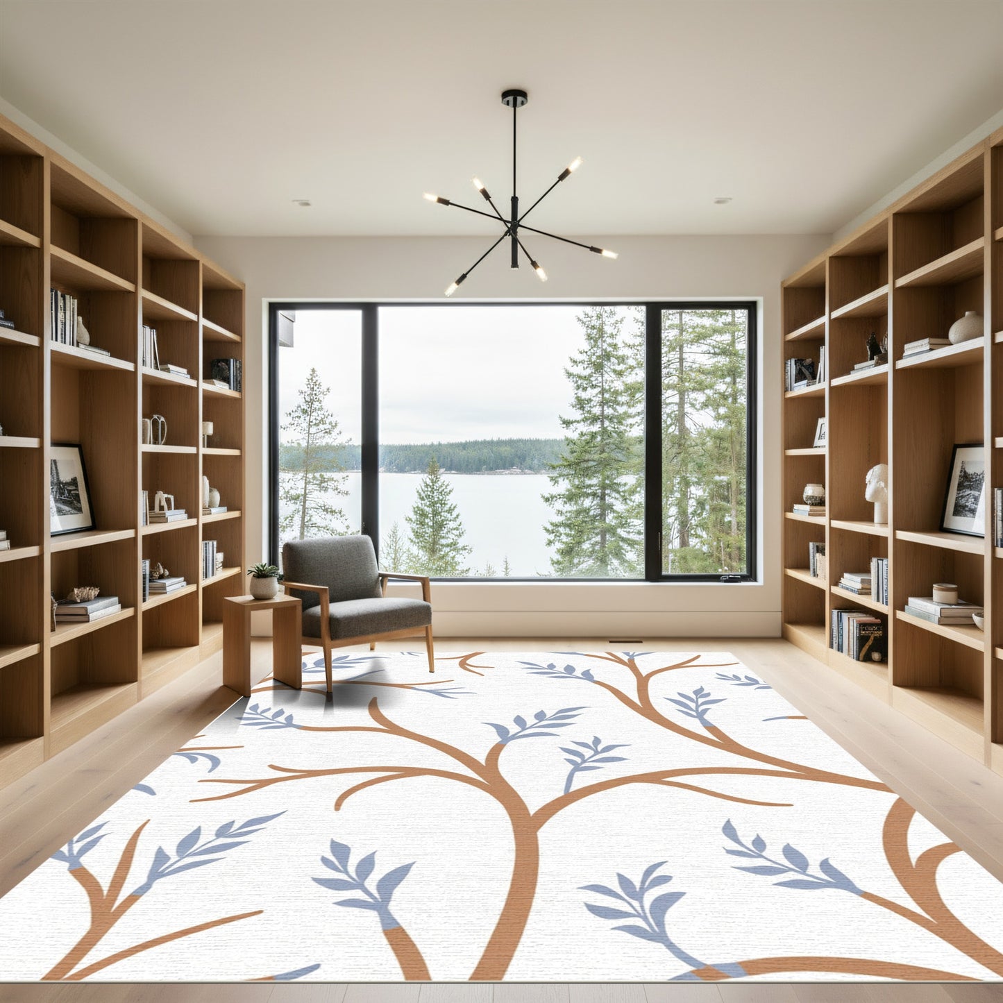 Cozy Brown Branch Blue Leaf Silhouette Rug