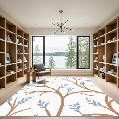 Cozy Brown Branch Blue Leaf Silhouette Rug