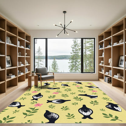 Black Bird Garden On Yellow Background Rug