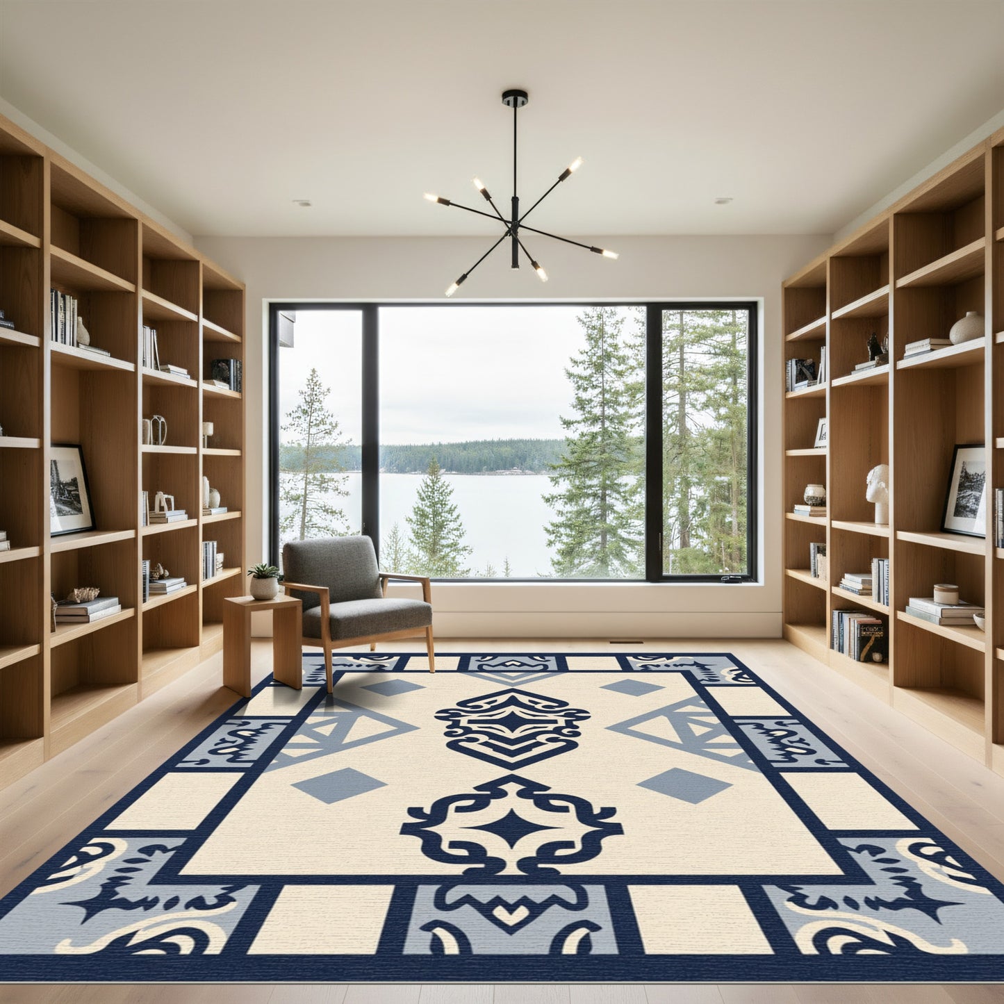 Navy Cream Geometric Medallion Tile Rug