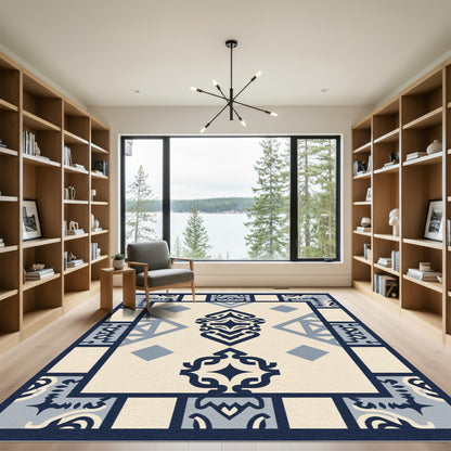 Navy Cream Geometric Medallion Tile Rug