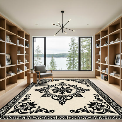 Black Floral Medallion Cream Border Rug