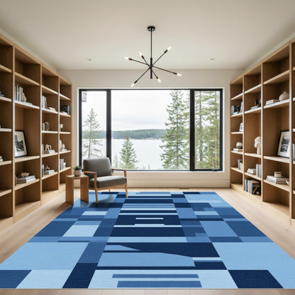 Modern Blue Geometric Abstract Blocks Rug
