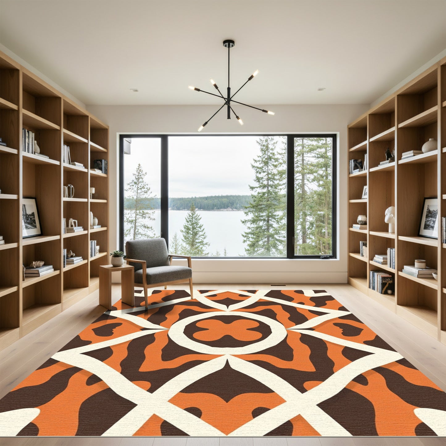 Bold Orange White Geometric Medallion Rug