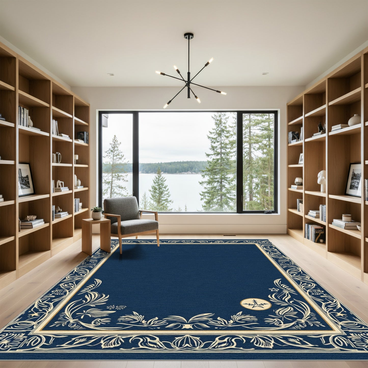 Deep Blue Ivory Floral Scroll Border Rug