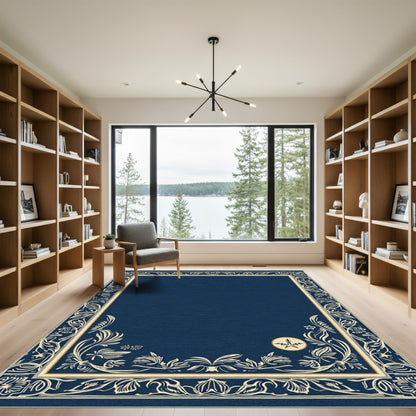 Deep Blue Ivory Floral Scroll Border Rug