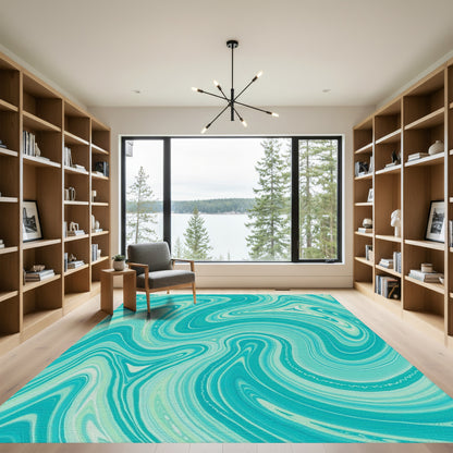 Teal Fluid Wave Swirl Rug