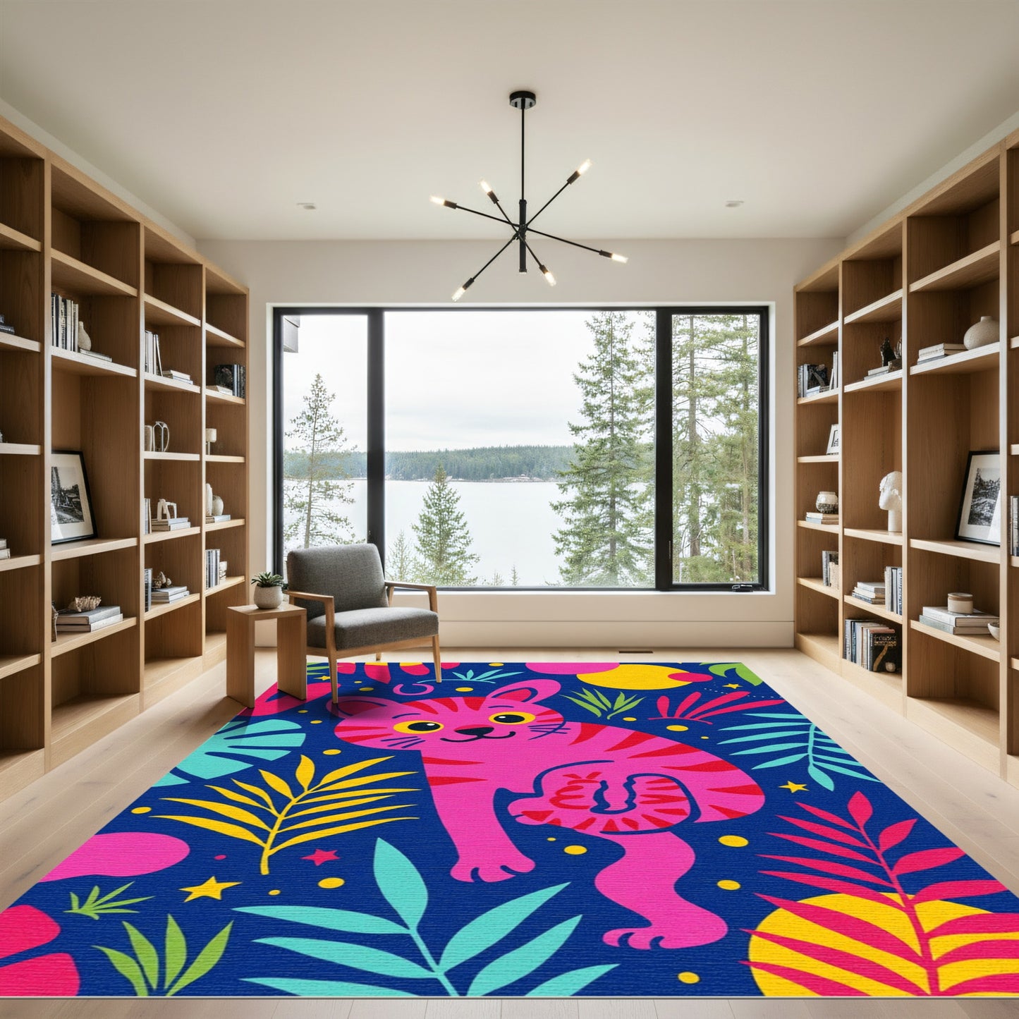 Whimsical Pink Tabby Jungle Cat Rug
