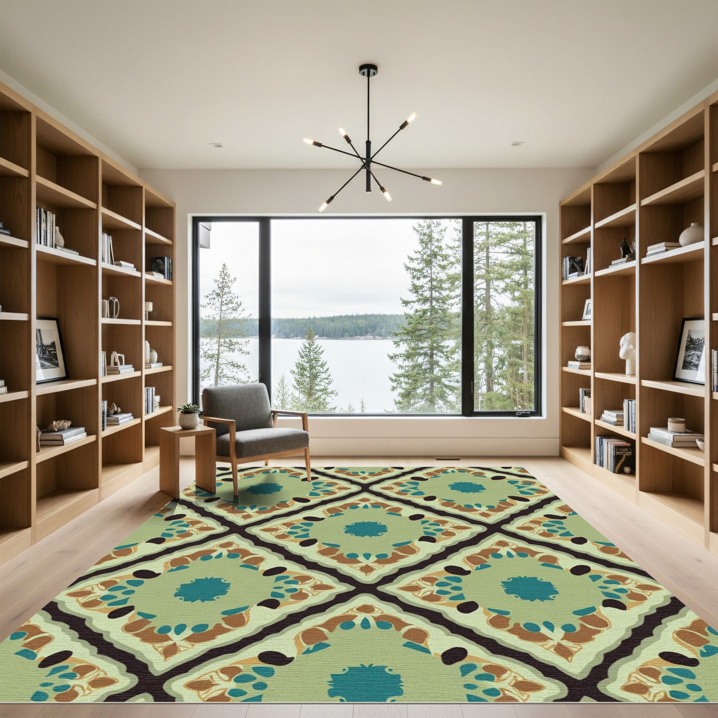 Green Golden Brown Teal Medallion Diamond Rug
