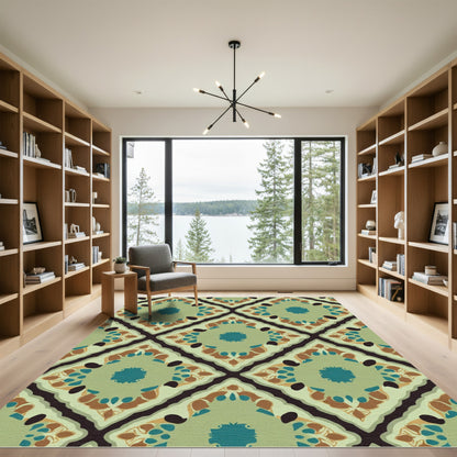 Green Golden Brown Teal Medallion Diamond Rug