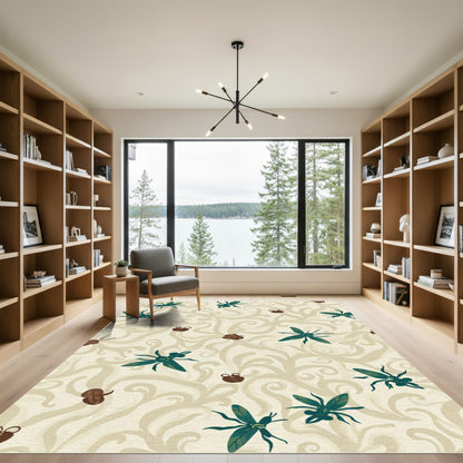 Deep Teal Insect Swirl Cream Rug