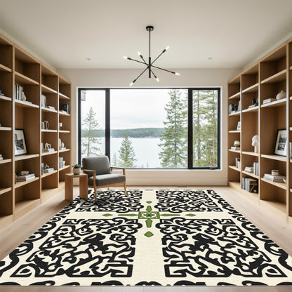 Cream Black Green Ornate Tile Rug