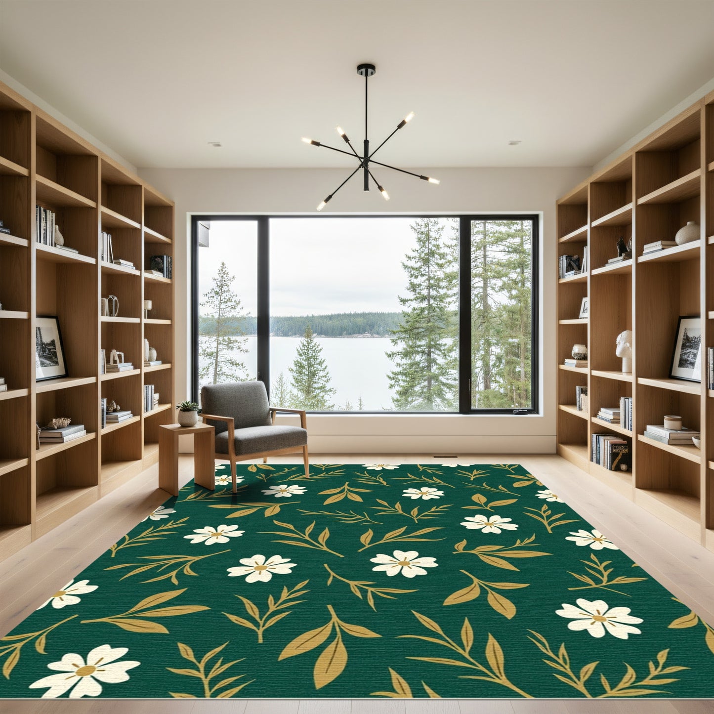 Emerald Green White Floral Branch Rug