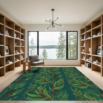 Deep Teal Lush Green Botanical Vertical Rug
