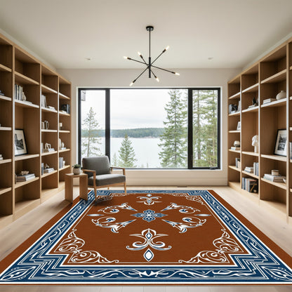 Ornate Brown Blue White Floral Medallion Rug