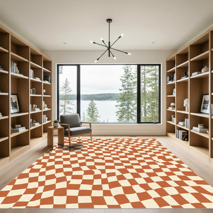 Retro Checkered Terra Cotta Wave Rug